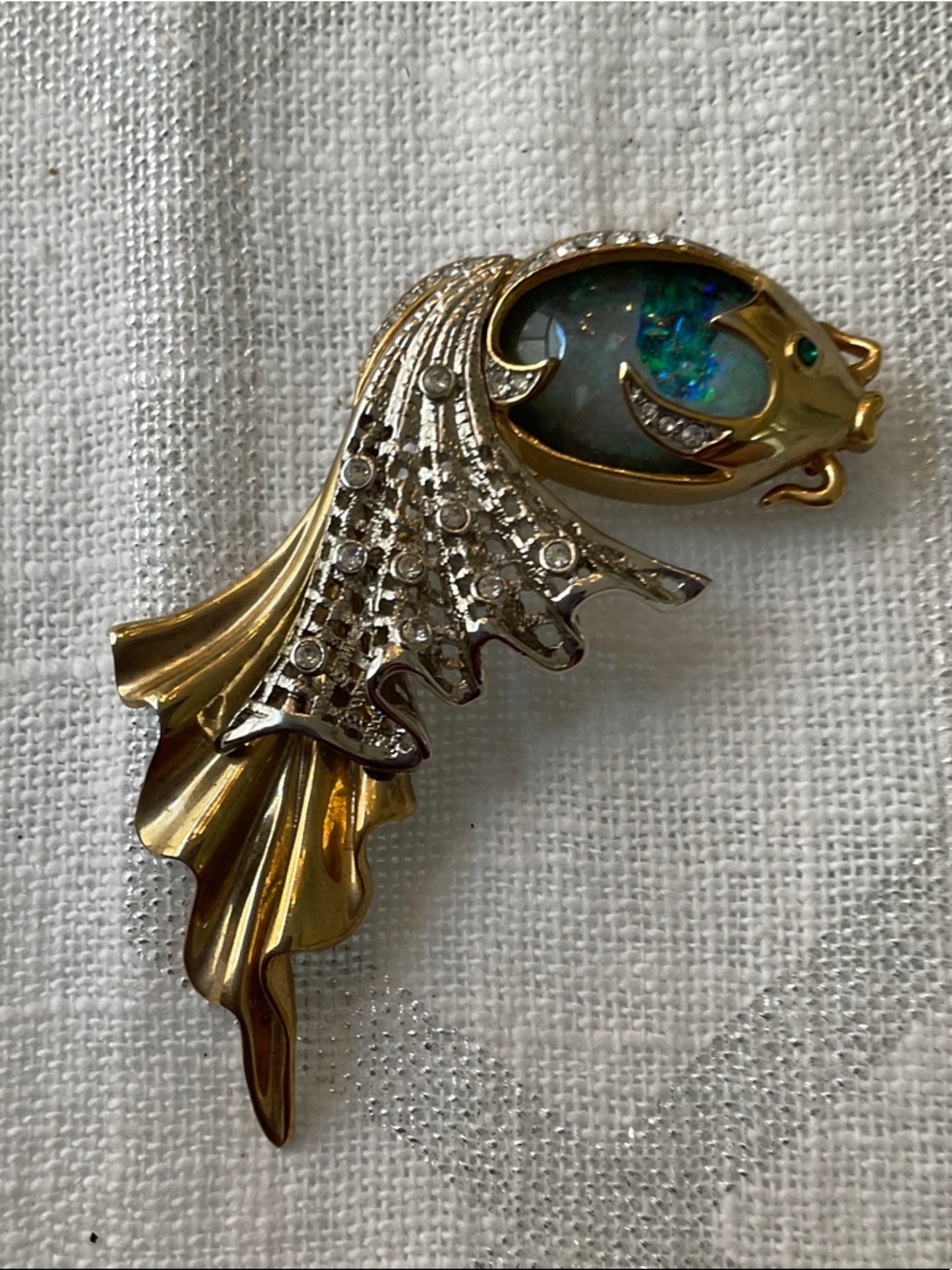 Gold-Tone Fish Brooch with Blue Opal Accent and Clear Crystals